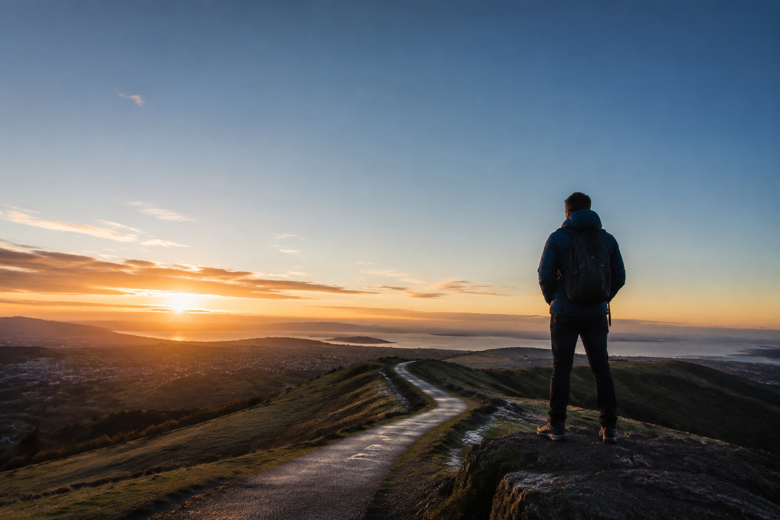 A person looking toward a sunlit path at the beginning of a new day
